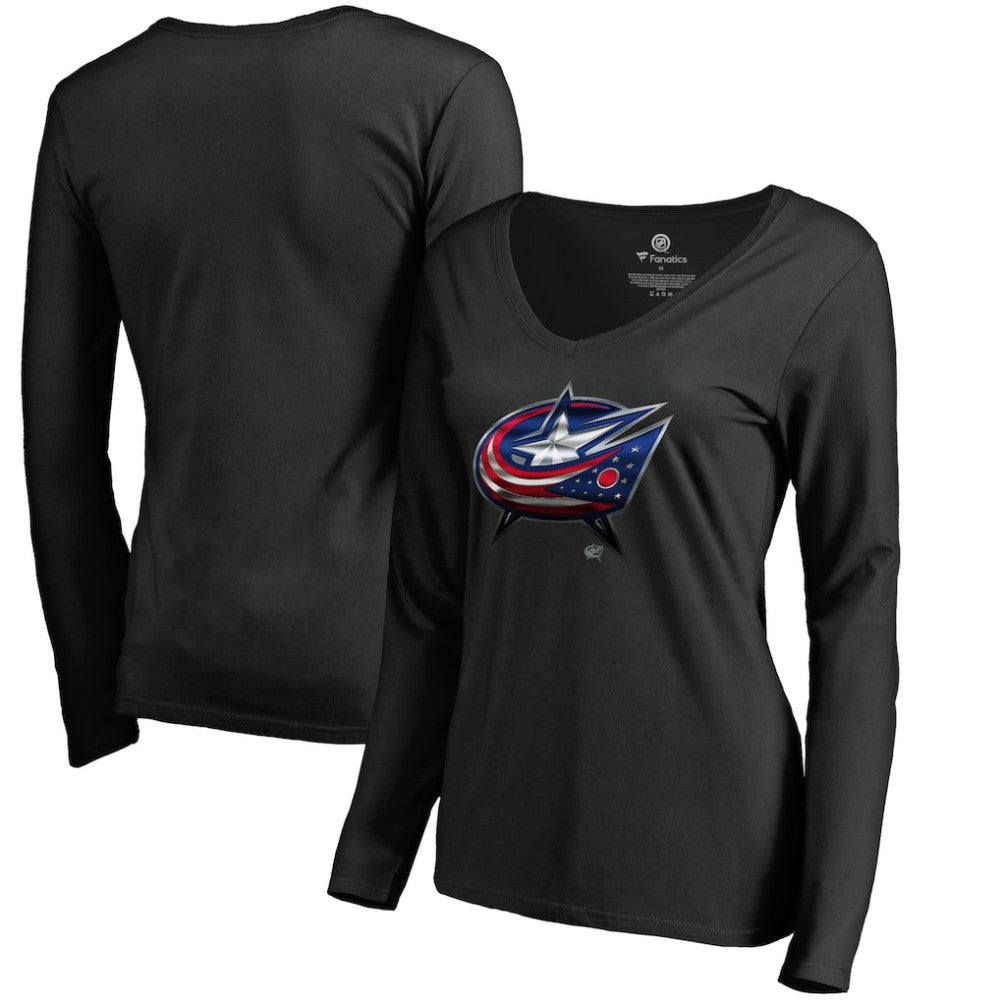 Columbus Blue Jackets Women's Midnight Mascot Long Sleeve V-Neck T-Shirt - Black | NHL discount