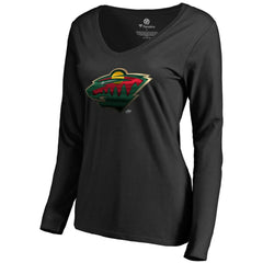 Minnesota Wild Women's Midnight Mascot Long Sleeve V-Neck T-Shirt - Black | NHL Lifestyle