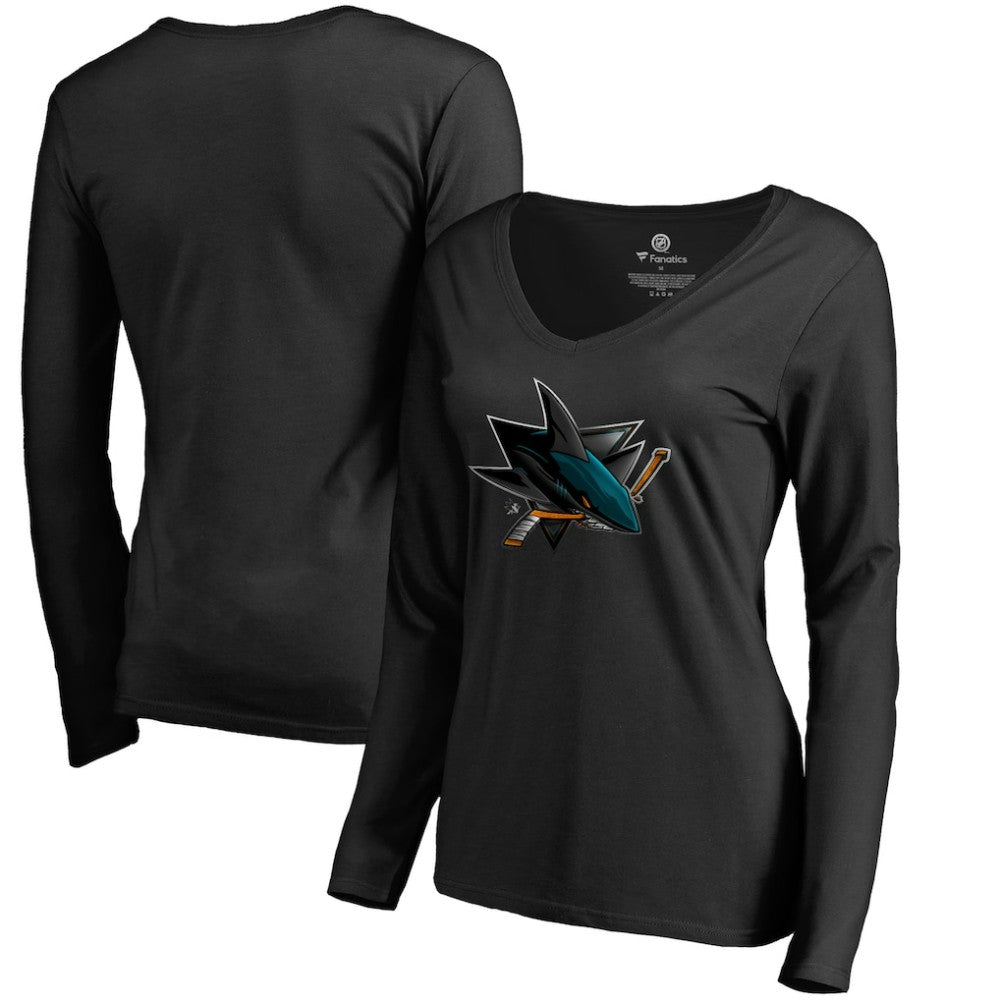 San Jose Sharks Women's Midnight Mascot Long Sleeve V-Neck T-Shirt - Black | NHL near me