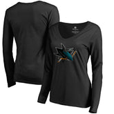 San Jose Sharks Women's Midnight Mascot Long Sleeve V-Neck T-Shirt - Black | NHL near me