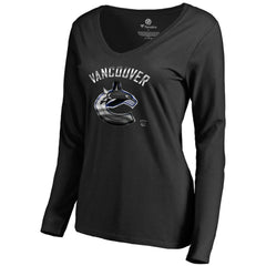 Vancouver Canucks Women's Midnight Mascot Long Sleeve V-Neck T-Shirt - Black | NHL Lifestyle
