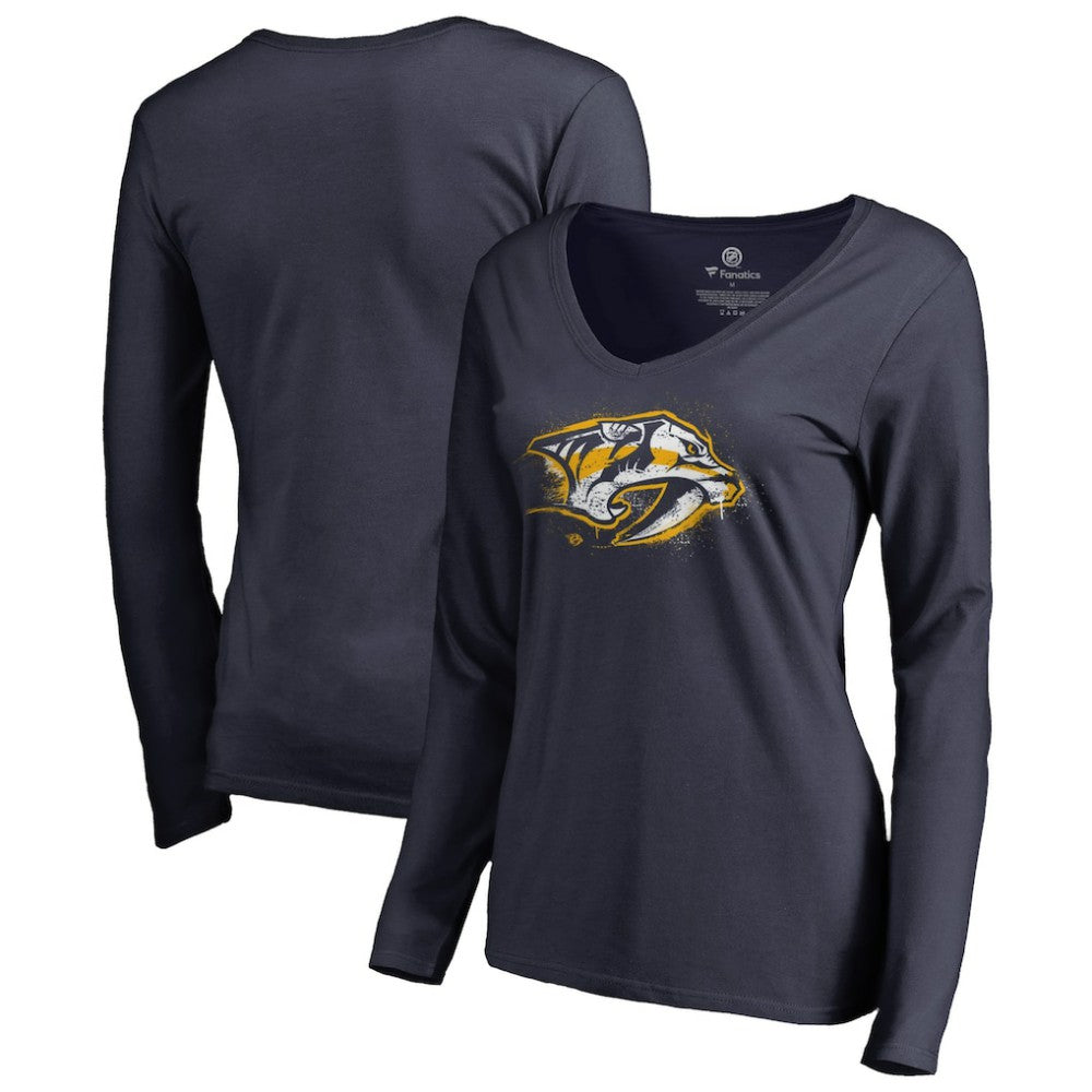 Nashville Predators Women's Splatter Logo V-Neck Long Sleeve T-Shirt - Navy | NHL sale