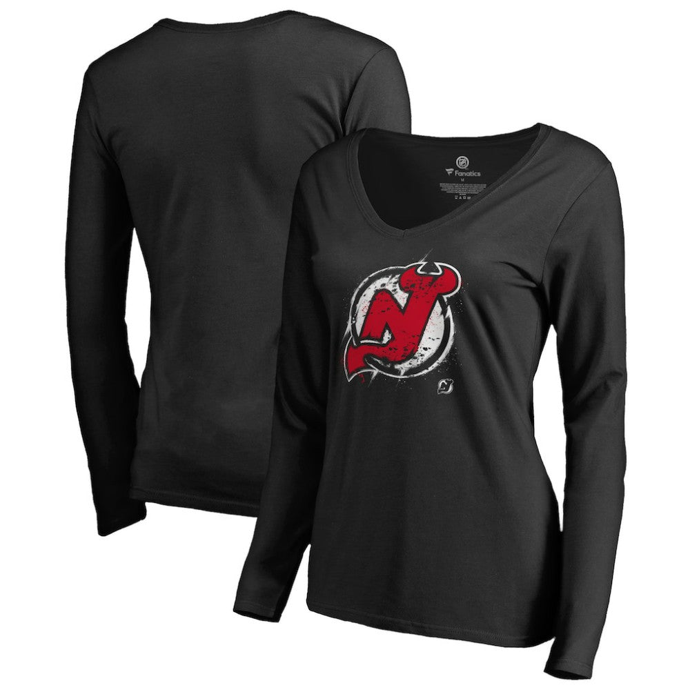 New Jersey Devils Women's Splatter Logo V-Neck Long Sleeve T-Shirt - Black | NHL near me