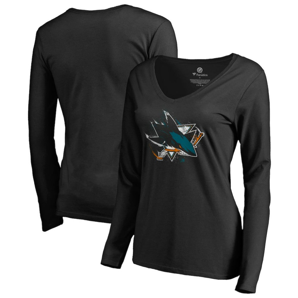 San Jose Sharks Women's Splatter Logo V-Neck Long Sleeve T-Shirt - Black | NHL online