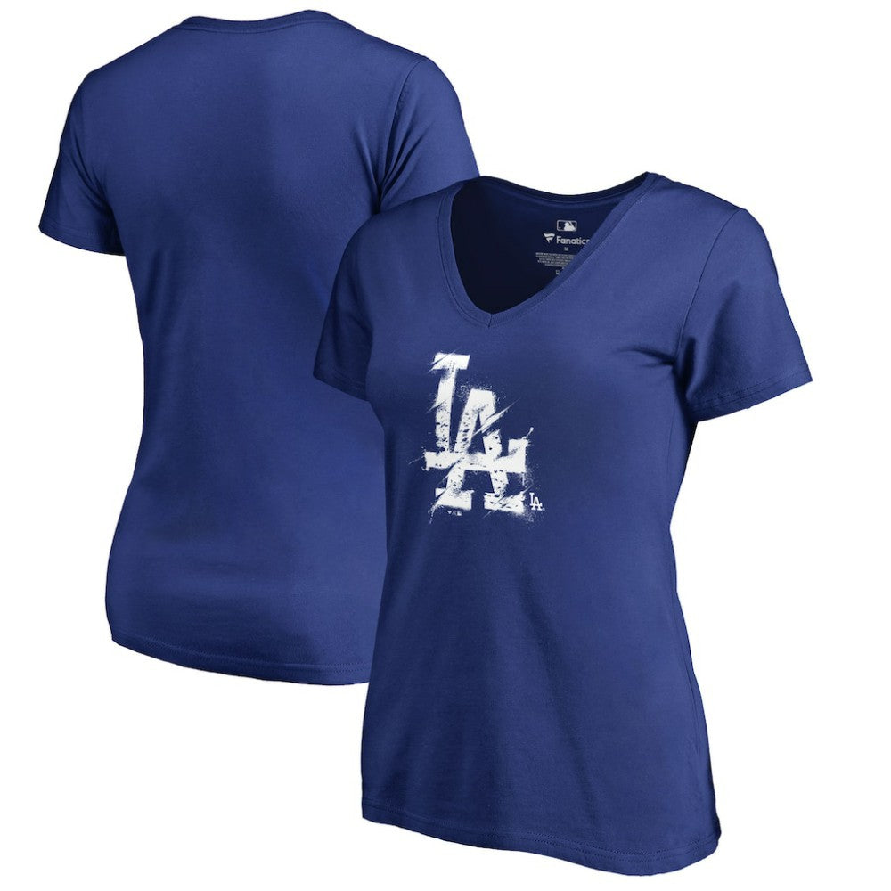Los Angeles Dodgers Women's Splatter Logo V-Neck T-Shirt Outlet