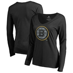 Boston Bruins Women's Static Logo Long Sleeve V-Neck T-Shirt - Black | NHL Clearance