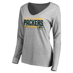 Green Bay Packers Women's Iconic Collection On Side Stripe Long Sleeve V-Neck T-Shirt - Ash - NFL