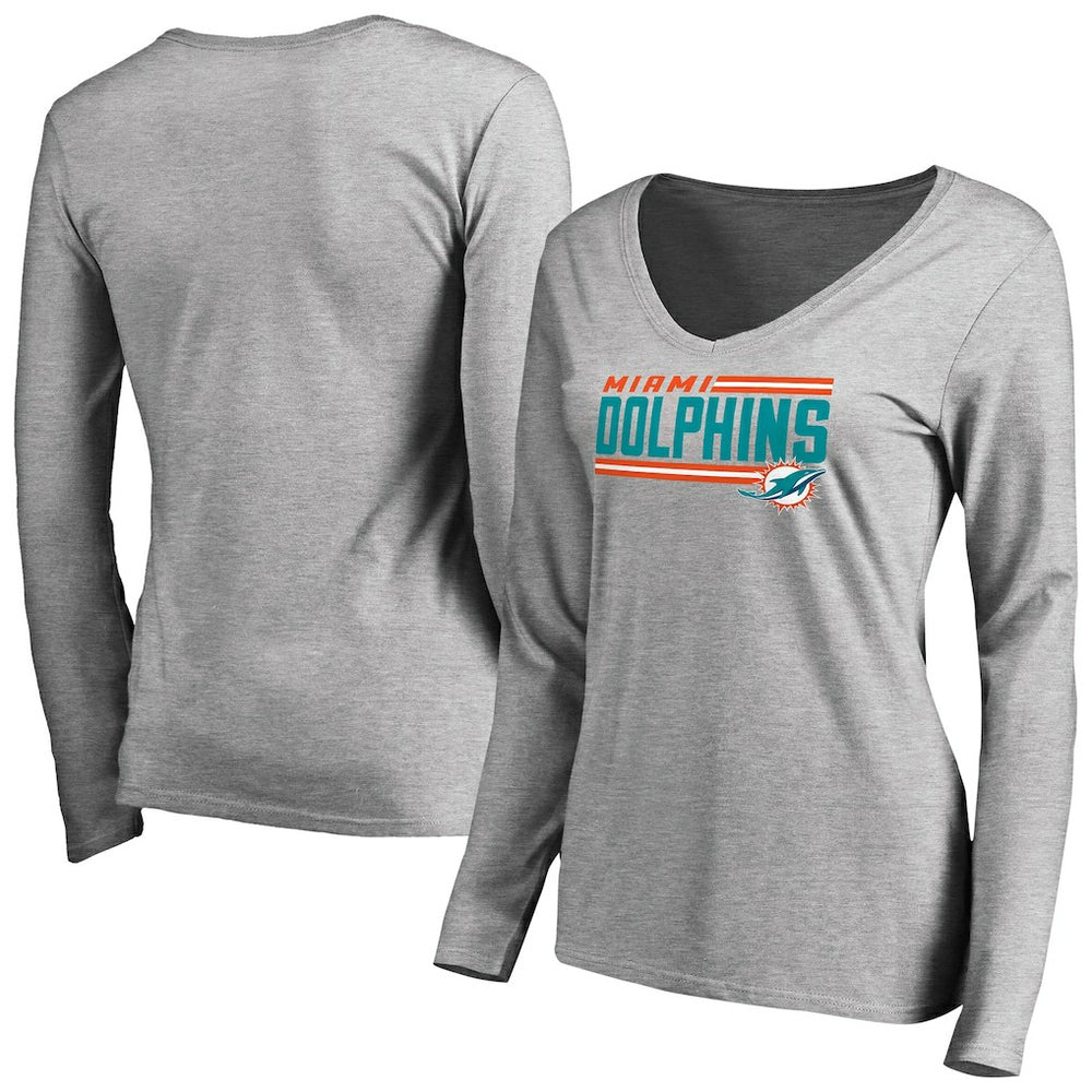 Miami Dolphins Women's Iconic Collection On Side Stripe Long Sleeve V-Neck T-Shirt - Ash - NFL