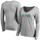 Miami Dolphins Women's Iconic Collection On Side Stripe Long Sleeve V-Neck T-Shirt - Ash - NFL