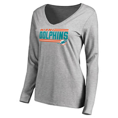 Miami Dolphins Women's Iconic Collection On Side Stripe Long Sleeve V-Neck T-Shirt - Ash - NFL