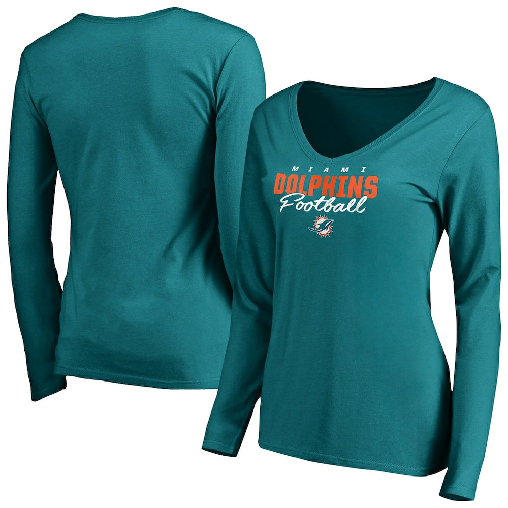 Miami Dolphins Women's Iconic Collection Script Assist Long Sleeve V-Neck T-Shirt - Aqua - NFL