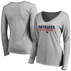 New England Patriots Women's Iconic Collection Script Assist Long Sleeve V-Neck T-Shirt - Ash - NFL