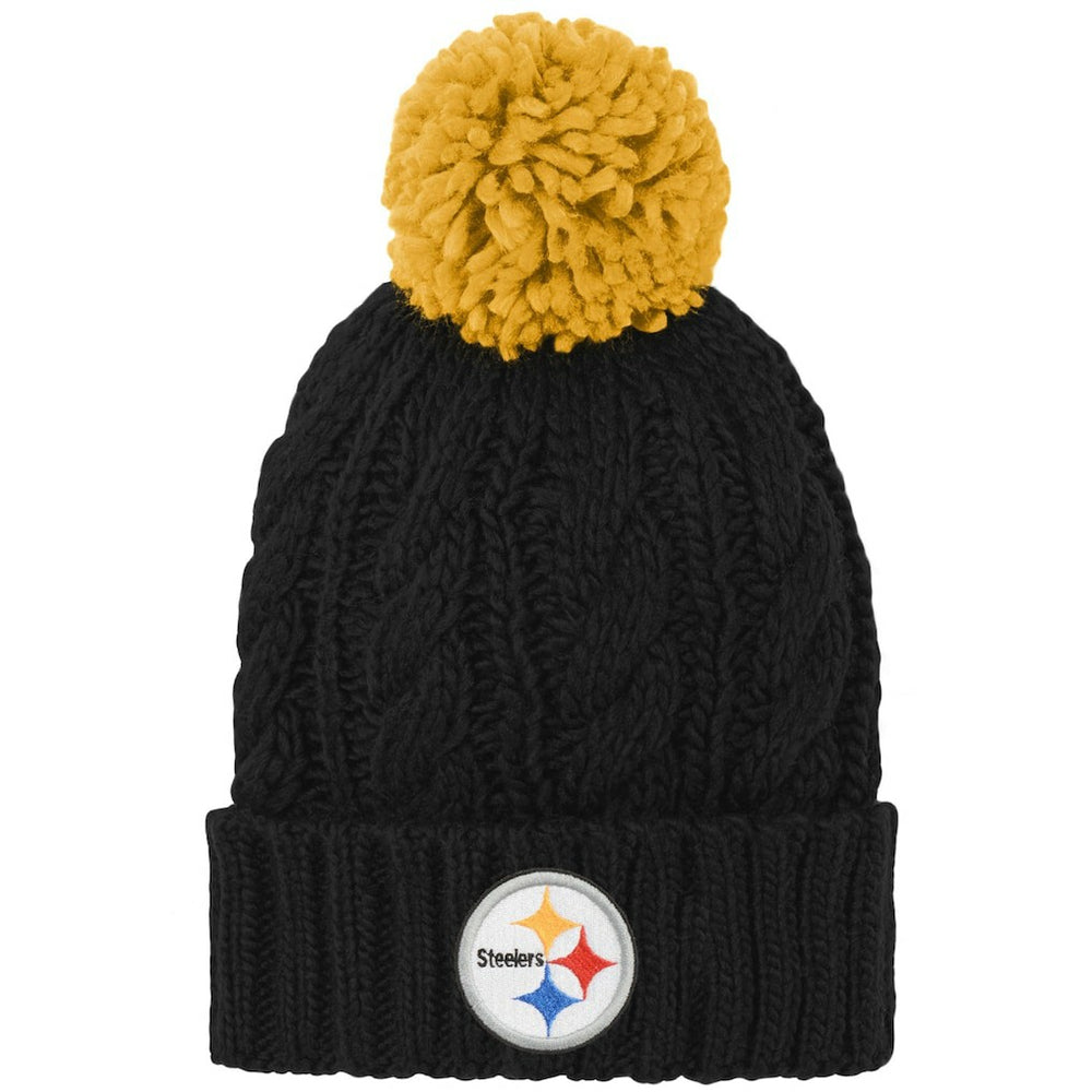 Pittsburgh Steelers Girls Youth Team Cable Cuffed Knit Hat with Pom - Black - NFL