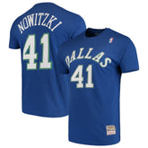 Mitchell & Ness Dirk Nowitzki Dallas Mavericks Hardwood Classics Team Name & Number T-Shirt Blue