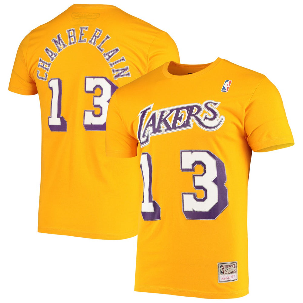 Mitchell & Ness Wilt Chamberlain Los Angeles Lakers Hardwood Classics Stitch Name & Number T-Shirt Gold