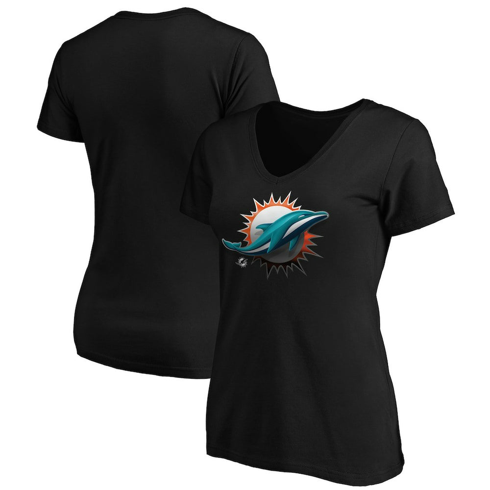 Miami Dolphins Women's Midnight Mascot Logo V-Neck T-Shirt - Black - NFL