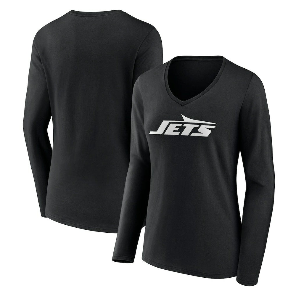 New York Jets Women's Primary Team Logo Long Sleeve V-Neck T-Shirt - Black - NFL