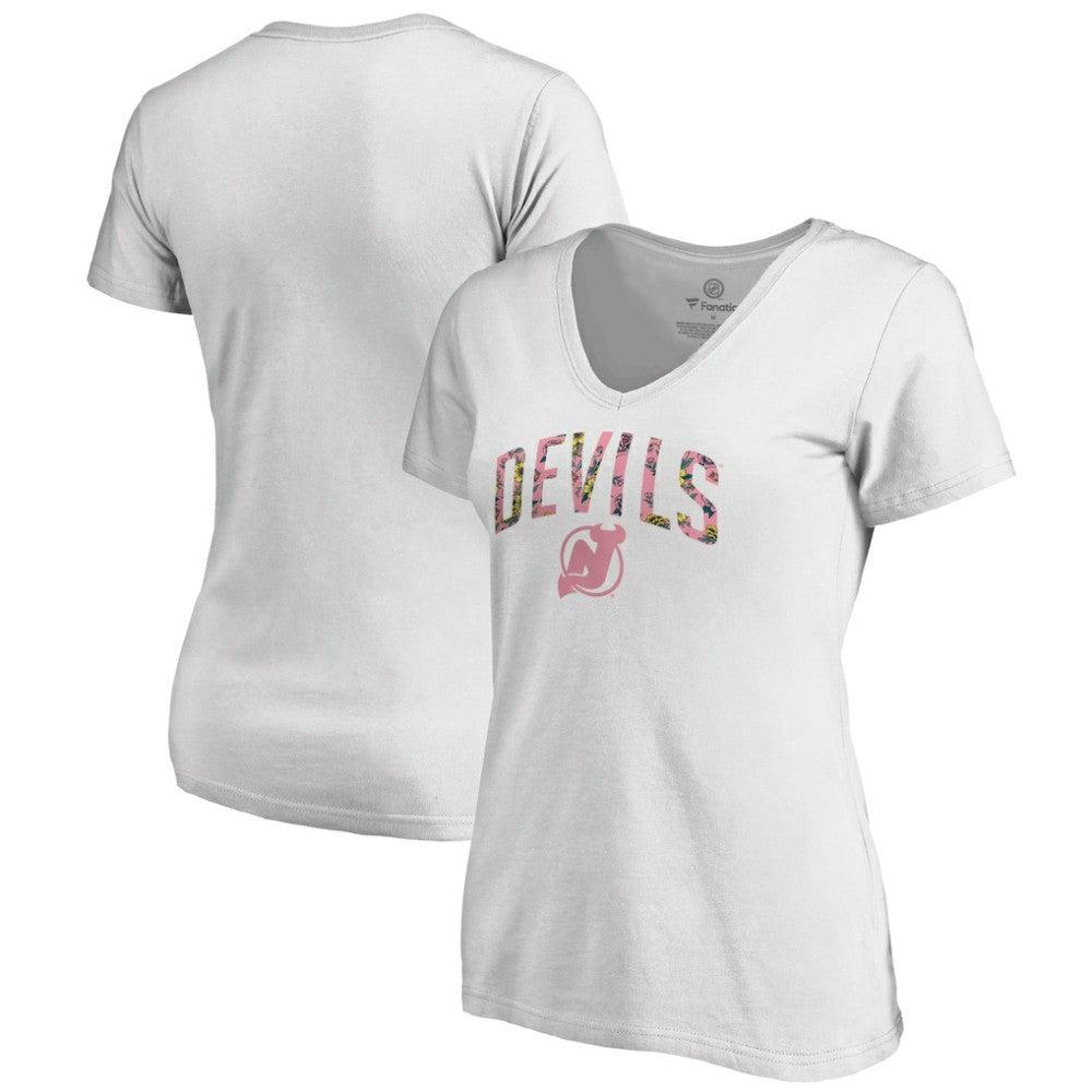 New Jersey Devils Women's Floral Arched V-Neck T-Shirt - White | NHL near me