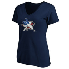 San Jose Sharks Women's Banner Wave Logo V-Neck T-Shirt T-Shirt - Navy | NHL Clearance
