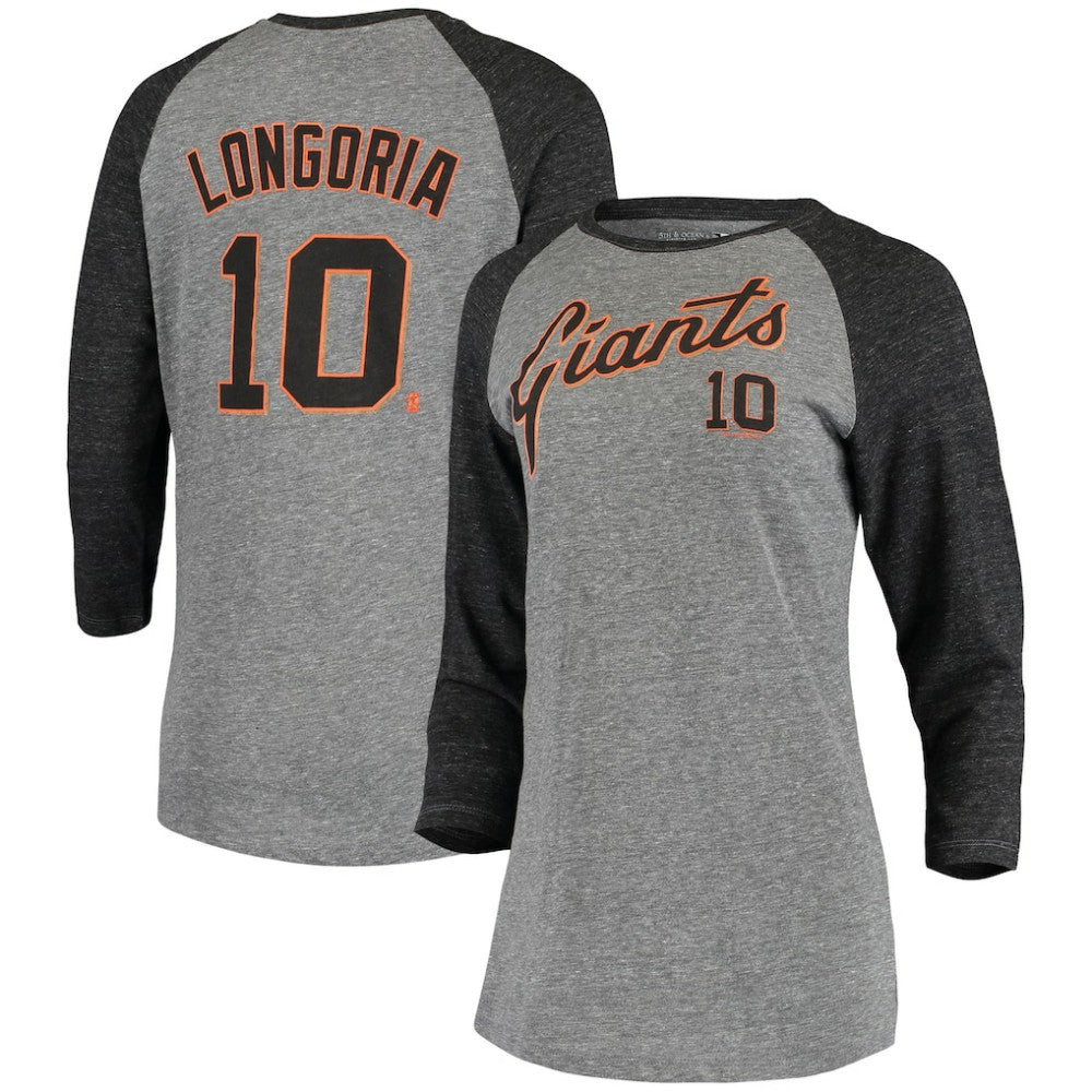 Evan Longoria San Francisco Giants 5th & Ocean by New Era Women's Script Name & Number Raglan Tri-Blend 3/4-Sleeve T-Shirt Outlet