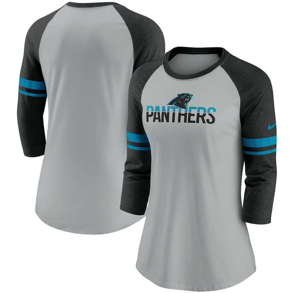 Carolina Panthers Women's Stripe Mesh Nickname Tri-Blend 3/4-Sleeve T-Shirt - Heathered Gray/Black - Nike