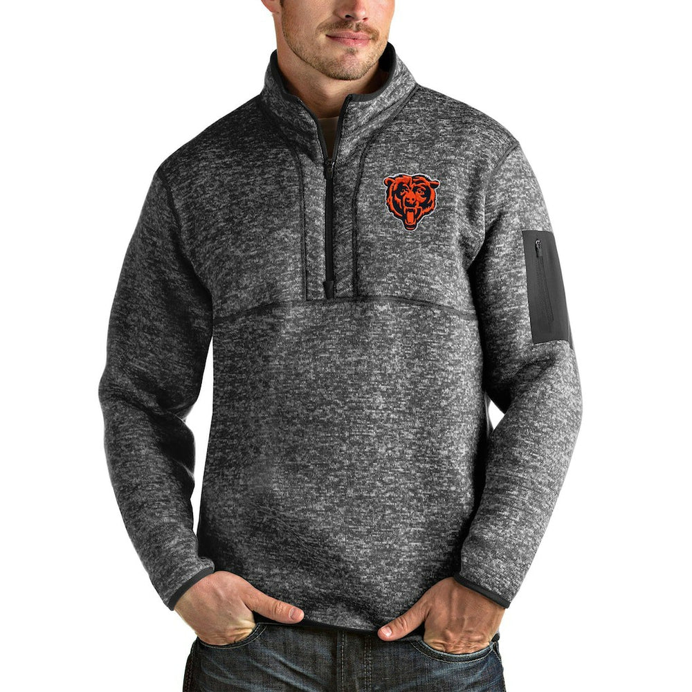Chicago Bears Antigua Bear Head Fortune Quarter-Zip Pullover Jacket - Heathered Charcoal - NFL
