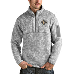 New Orleans Saints Antigua Team Logo Fortune Quarter-Zip Pullover Jacket - Heather Gray - NFL