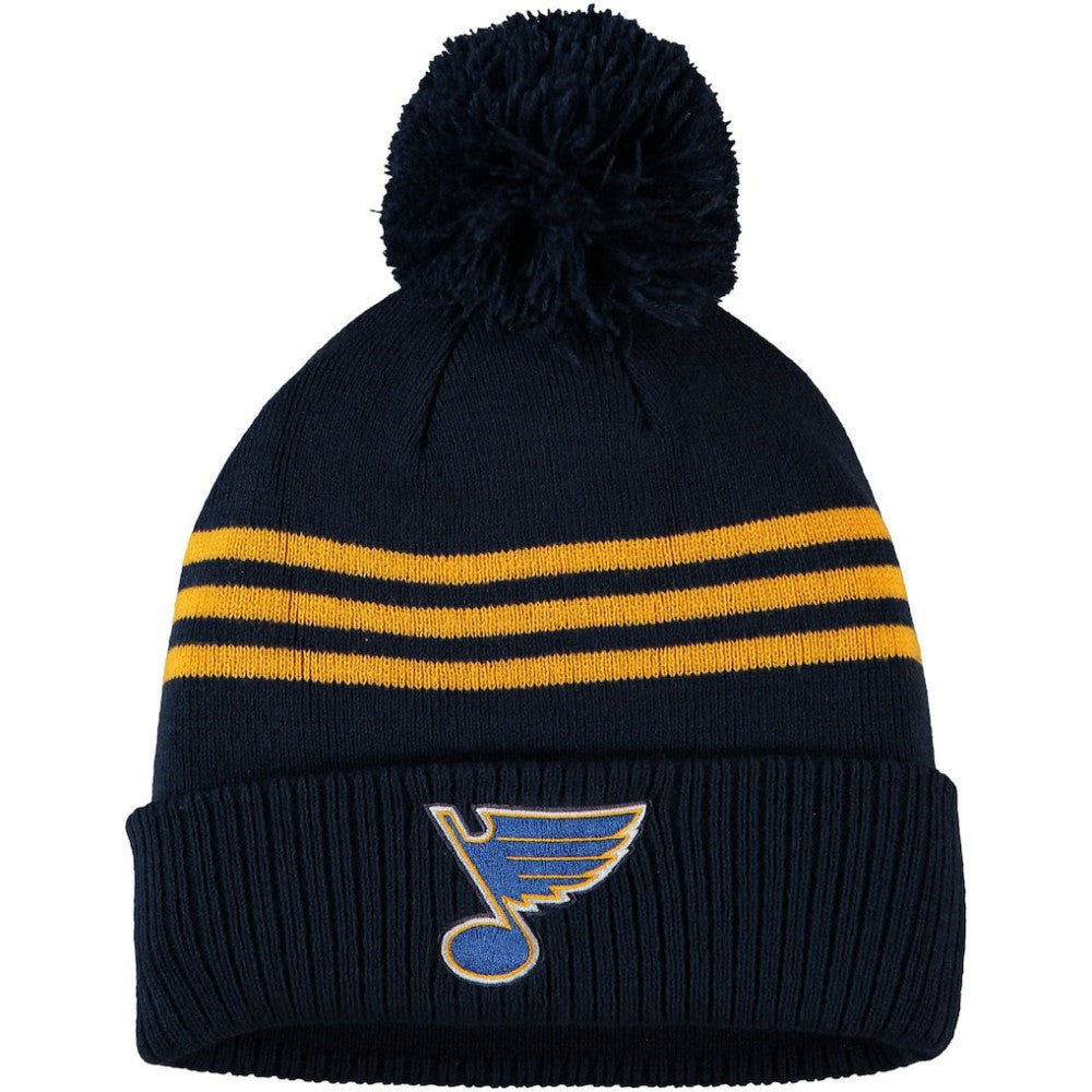 St. Louis Blues adidas Locker Room Three Stripe Cuffed Knit Hat with Pom - Navy | Adidas on sale