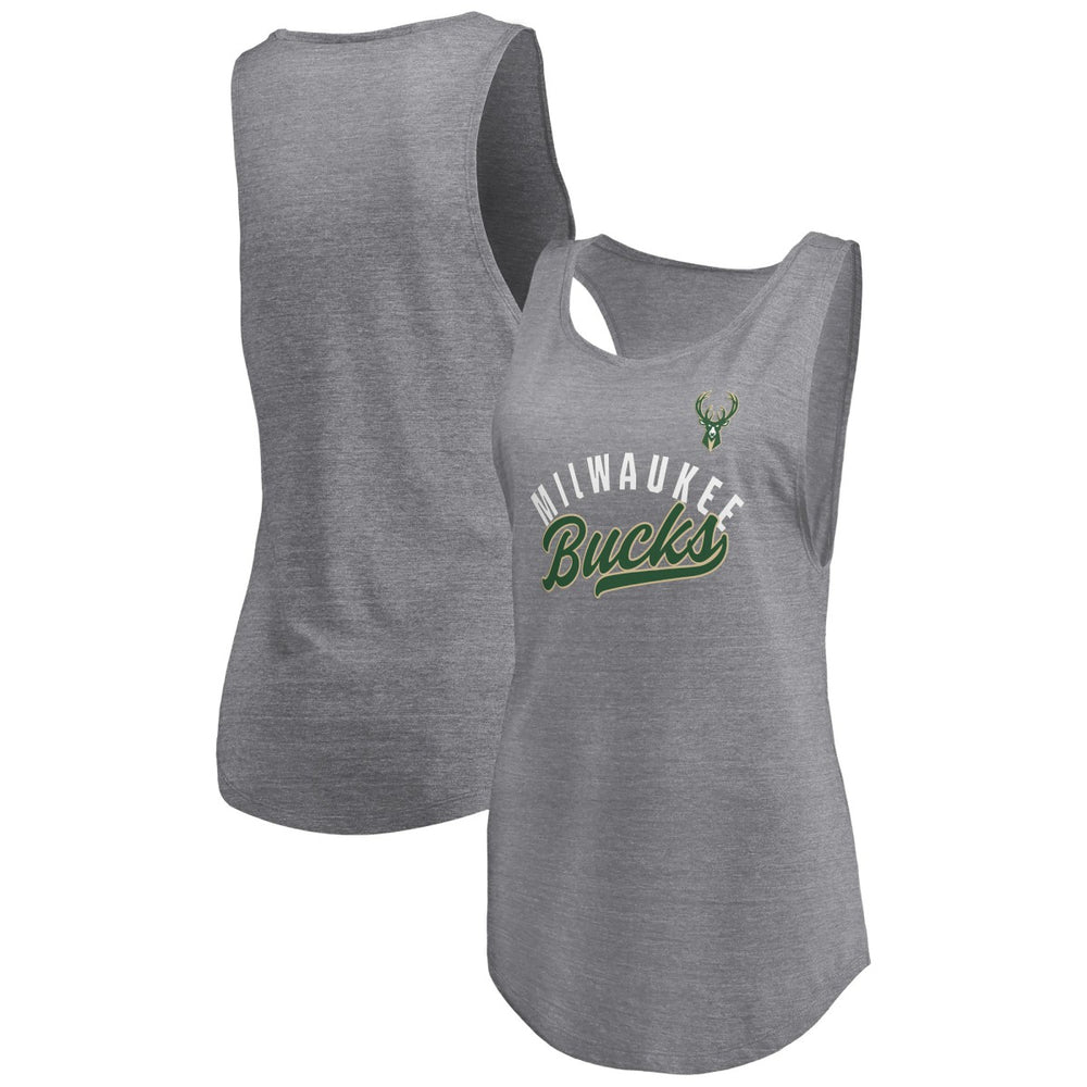 Fanatics Milwaukee Bucks Women's Quality Time Open Scoop Neck Tri-Blend Tank Top Heathered Gray