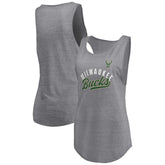 Fanatics Milwaukee Bucks Women's Quality Time Open Scoop Neck Tri-Blend Tank Top Heathered Gray