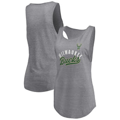 Fanatics Milwaukee Bucks Women's Quality Time Open Scoop Neck Tri-Blend Tank Top Heathered Gray