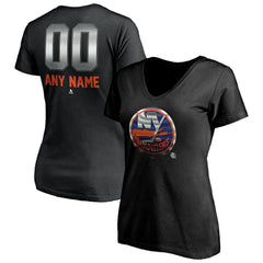 New York Islanders Women's Personalized Midnight Mascot Logo V-Neck T-Shirt - Black | NHL Lifestyle