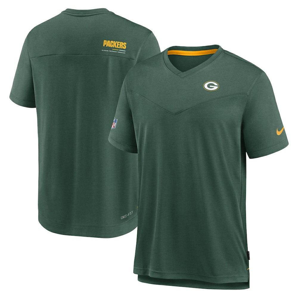Green Bay Packers Sideline Coach Chevron Lock Up Logo V-Neck Performance T-Shirt - Heather Kelly Green - Nike