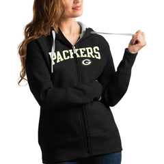 Green Bay Packers Antigua Women's Wordmark Victory Full-Zip Hoodie - Black - NFL