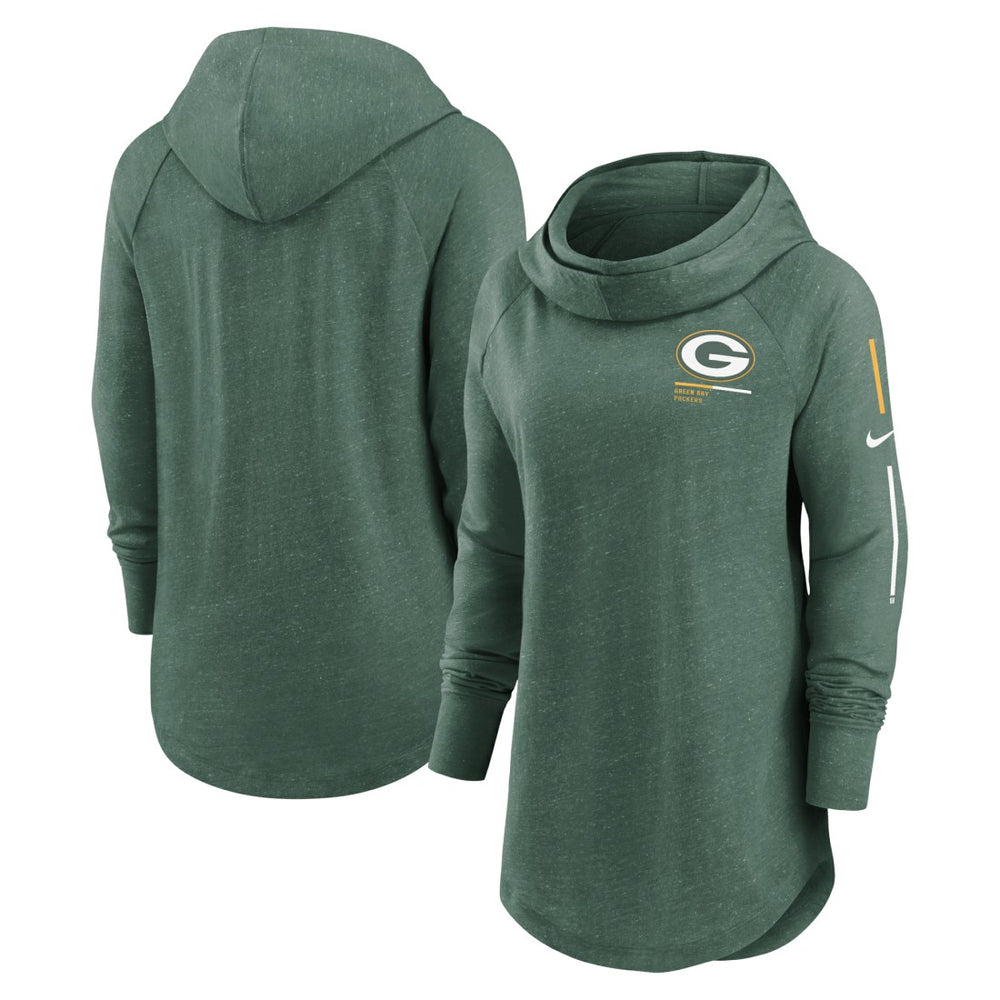 Green Bay Packers Women's Minimal Statement Lightweight Raglan Funnel Neck Pullover Hoodie - Heather Green - Nike