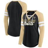 New Orleans Saints Women's True to Form Raglan Lace-Up V-Neck Long Sleeve T-Shirt - Black/Gold - Fanatics