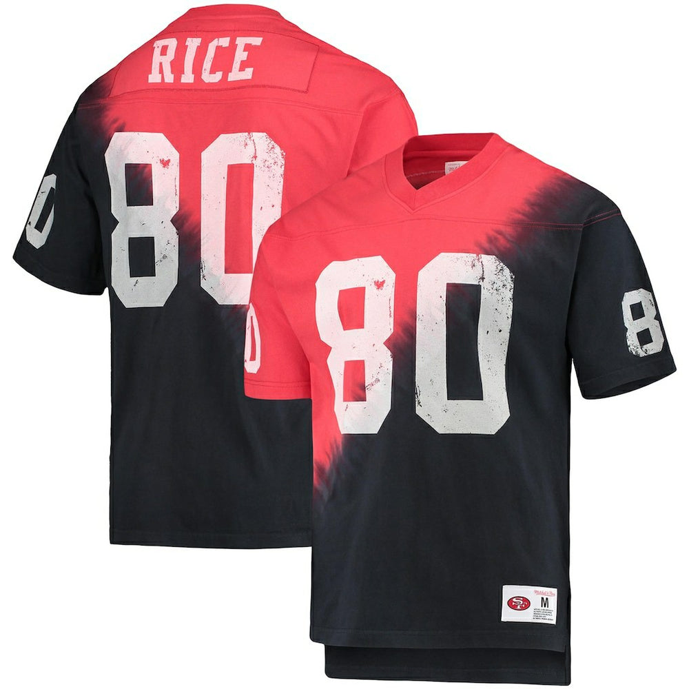 Jerry Rice San Francisco 49ers Retired Player Name & Number Diagonal Tie-Dye V-Neck T-Shirt - Black/Red - Mitchell & Ness