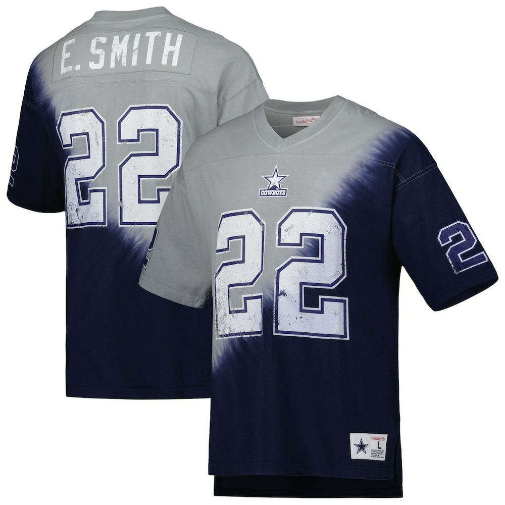 Emmitt Smith Dallas Cowboys Retired Player Name & Number Diagonal Tie-Dye V-Neck T-Shirt - Navy/Gray - Mitchell & Ness