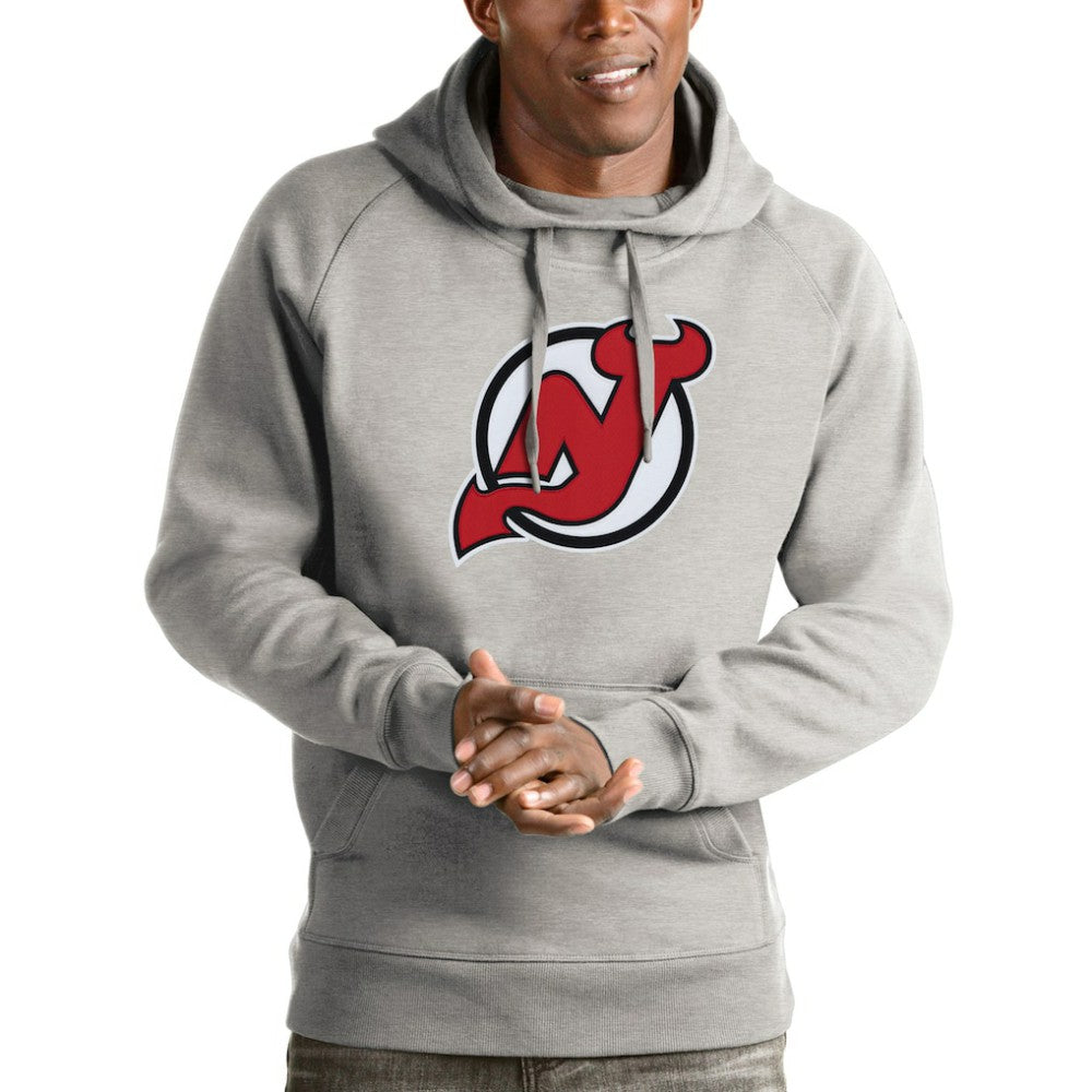 New Jersey Devils Antigua Logo Victory Pullover Hoodie - Heathered Gray | NHL Lifestyle