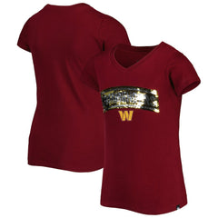 Washington Commanders New Era Girls Youth Reverse Sequin Wordmark V-Neck T-Shirt - Burgundy - NFL