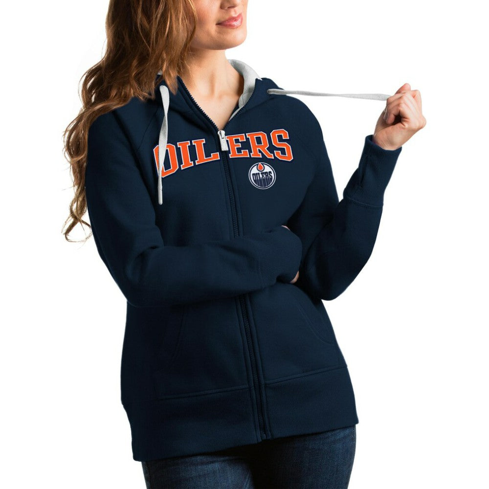 Edmonton Oilers Antigua Women's Wordmark Victory Full-Zip Hoodie - Navy | NHL discount