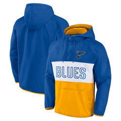 St. Louis Blues Fanatics Backhand Shooter Defender Anorak Raglan Hoodie Quarter-Zip Jacket - Blue/Gold | Fanatics Clearance