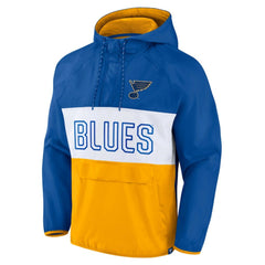 St. Louis Blues Fanatics Backhand Shooter Defender Anorak Raglan Hoodie Quarter-Zip Jacket - Blue/Gold | Fanatics Clearance