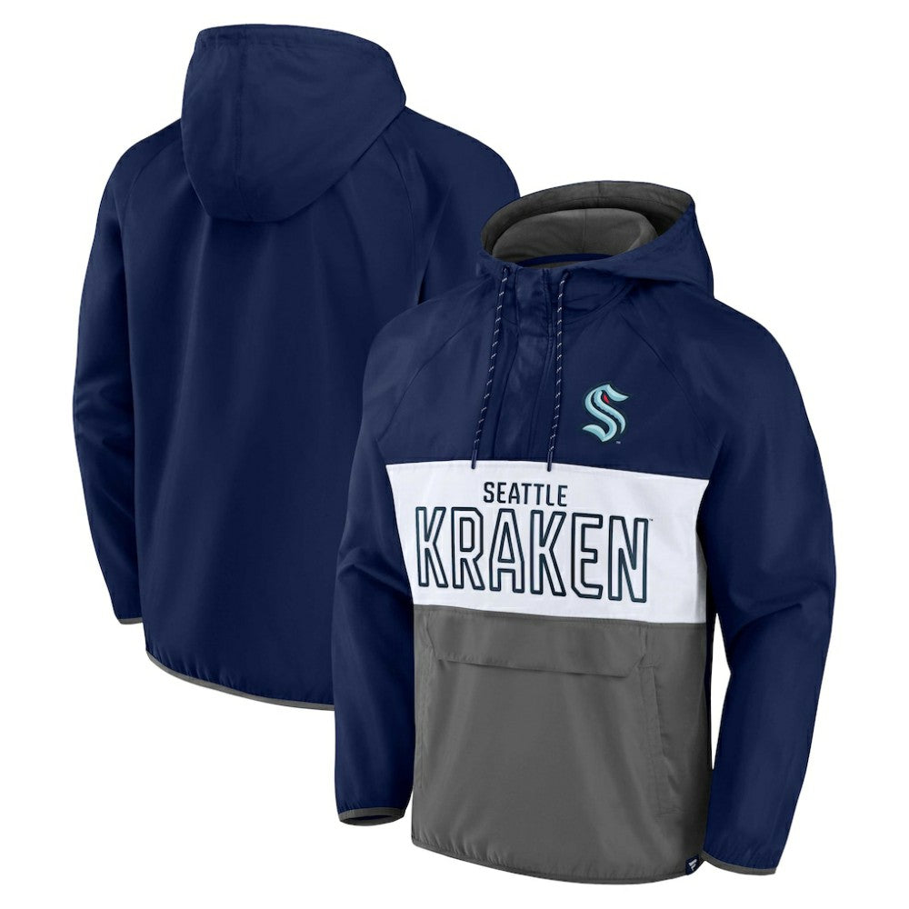 Seattle Kraken Fanatics Backhand Shooter Defender Anorak Raglan Hoodie Quarter-Zip Jacket - Deep Sea Blue/Gray | Fanatics Clearance
