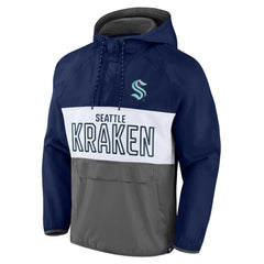 Seattle Kraken Fanatics Backhand Shooter Defender Anorak Raglan Hoodie Quarter-Zip Jacket - Deep Sea Blue/Gray | Fanatics Clearance