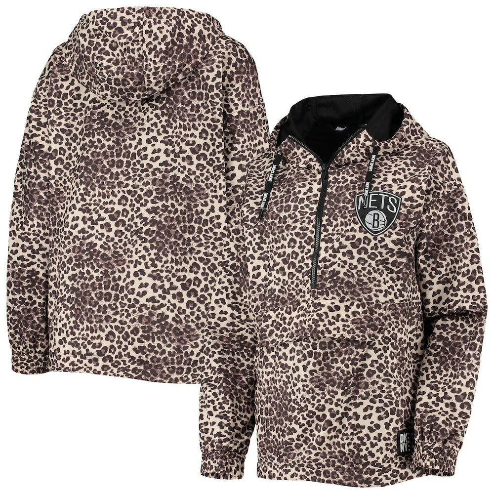 Brooklyn Nets DKNY Sport Women's Gabriella Windbreaker Half-Zip Hoodie Leopard