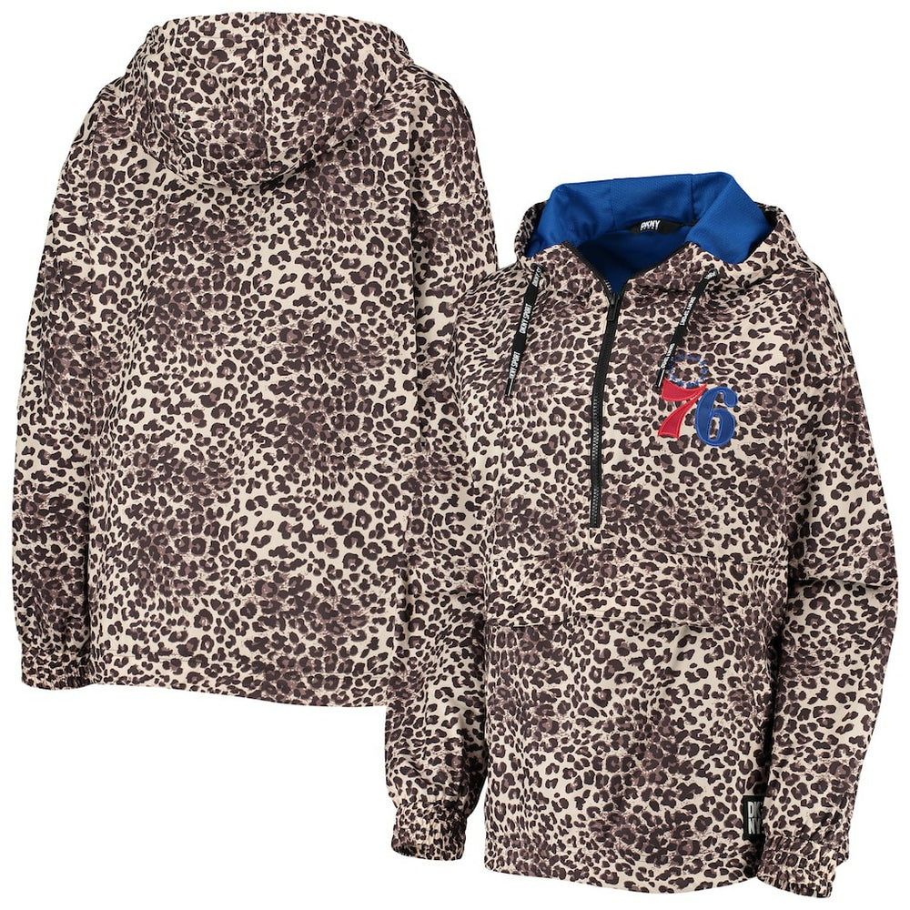 Philadelphia 76ers DKNY Sport Women's Gabriella Windbreaker Half-Zip Hoodie Leopard