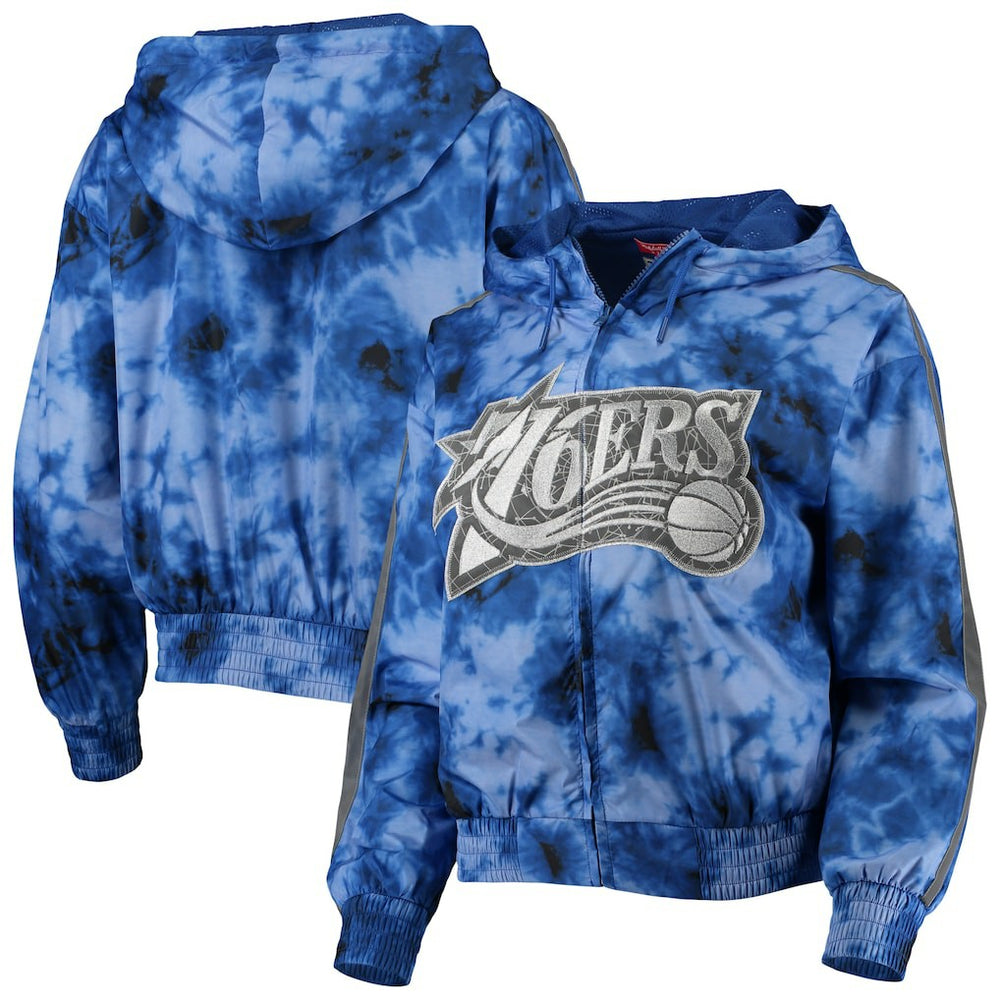 Mitchell & Ness Philadelphia 76ers Women's Galaxy Sublimated Windbreaker Pullover Full-Zip Hoodie Royal