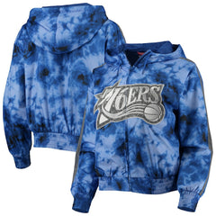 Mitchell & Ness Philadelphia 76ers Women's Galaxy Sublimated Windbreaker Pullover Full-Zip Hoodie Royal