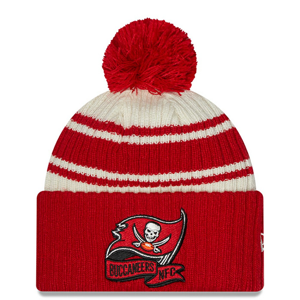 Tampa Bay Buccaneers New Era 2022 Sideline Sport Cuffed Pom Knit Hat - Cream/Red - NFL